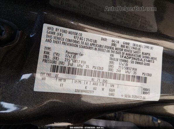 1FADP3N20JL314813 2018 FORD FOCUS Gray Widok komory silnika