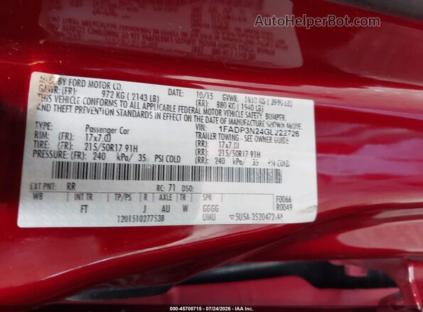 1FADP3N24GL222726 2016 FORD FOCUS Red Vista del compartimento del motor