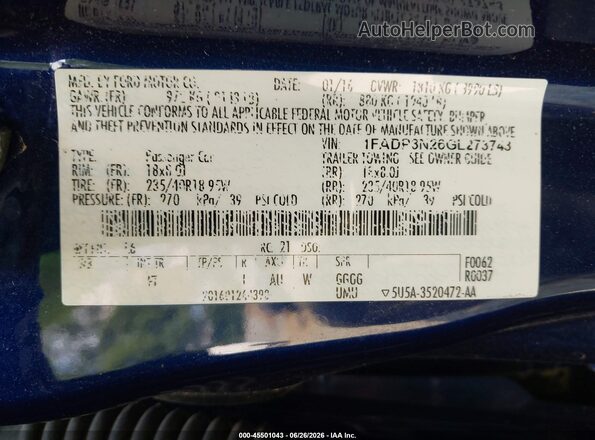 1FADP3N26GL273743 2016 FORD FOCUS Blue Շարժիչի բաժամունքի տեսք