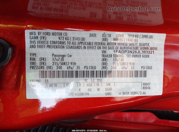 1FADP3N28JL303221 2018 FORD FOCUS Red Engine compartment view