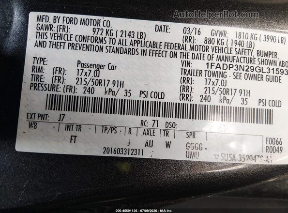 1FADP3N29GL315936 2016 FORD FOCUS Серый Вид подкапотного пространства