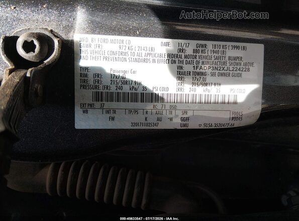 1FADP3N2XJL224228 2018 FORD FOCUS Gray Вид підкапотного простору