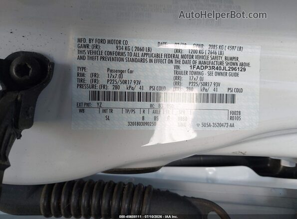 1FADP3R40JL296129 2018 FORD FOCUS ELECTRIC Белый Вид подкапотного пространства