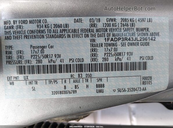 1FADP3R43JL296142 2018 FORD FOCUS ELECTRIC Серебряный Вид подкапотного пространства
