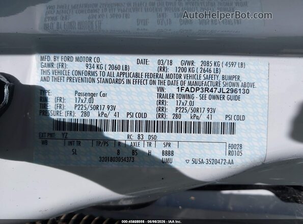 1FADP3R47JL296130 2018 FORD FOCUS ELECTRIC Белый Вид подкапотного пространства