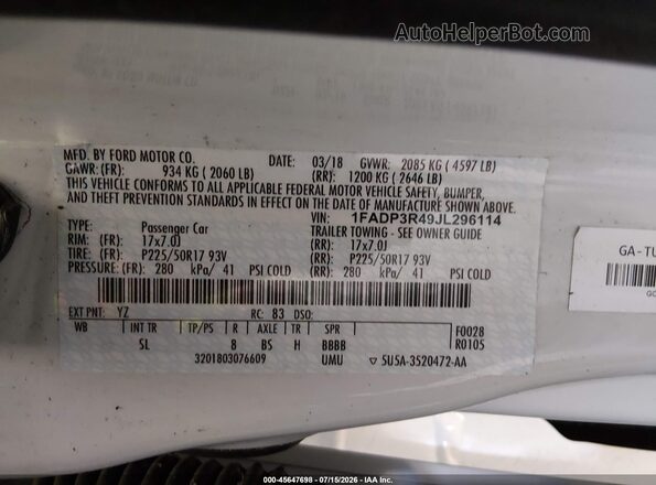 1FADP3R49JL296114 2018 FORD FOCUS ELECTRIC White Engine compartment view