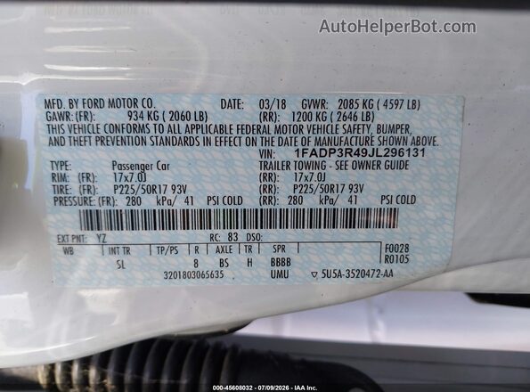 1FADP3R49JL296131 2018 FORD FOCUS ELECTRIC White ძრავის განყოფილების ხედი
