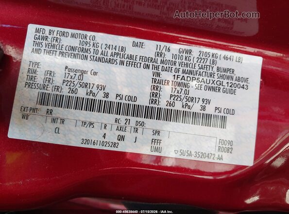 1FADP5AUXGL120043 2016 FORD C-MAX HYBRID Красный Вид подкапотного пространства