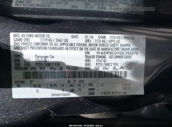 1FADP5CU1GL105279 2016 FORD C-MAX ENERGI Gray 