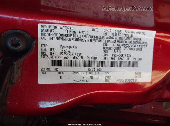 1FADP5CU1GL112717 2016 FORD C-MAX ENERGI Red Widok komory silnika