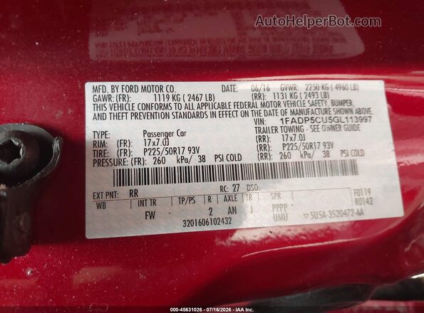 1FADP5CU5GL113997 2016 FORD C-MAX ENERGI Red Vista del compartimento del motor
