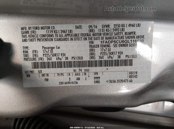 1FADP5CU6GL116830 2016 FORD C-MAX ENERGI Silver Շարժիչի բաժամունքի տեսք