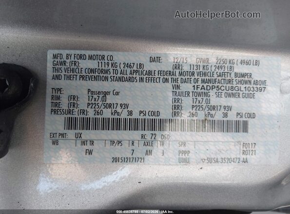 1FADP5CU8GL103397 2016 FORD C-MAX ENERGI Silver Vista del compartimento del motor