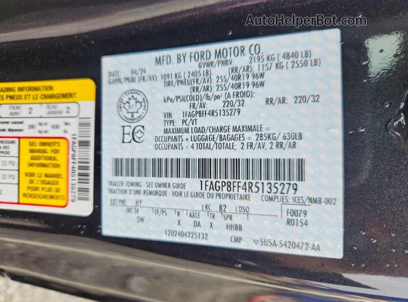 1FAGP8FF4R5135279 2024 FORD MUSTANG Угольный Панорамный вид салона 360°