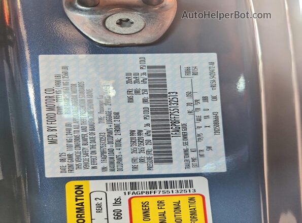 1FAGP8FF7S5132513 2025 FORD MUSTANG Blue Vista de la etiqueta del VIN