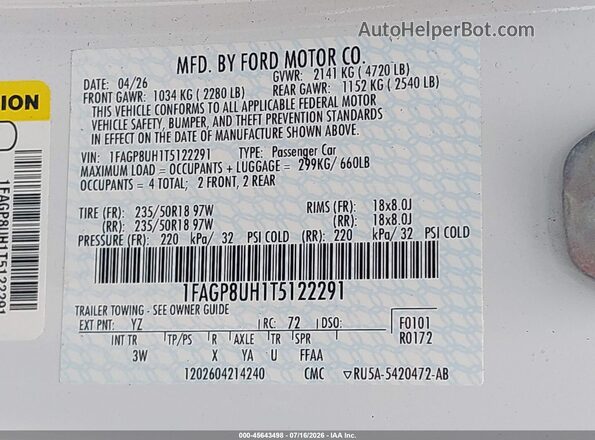 1FAGP8UH1T5122291 2026 FORD MUSTANG White ძრავის განყოფილების ხედი