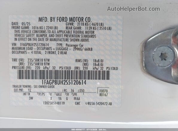 1FAGP8UH2S5120614 2025 FORD MUSTANG White Շարժիչի բաժամունքի տեսք