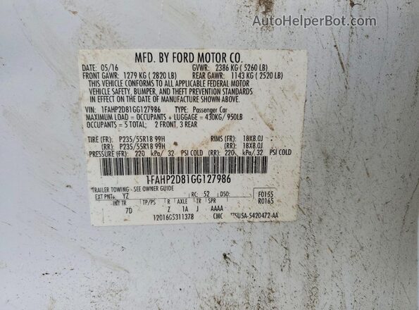 1FAHP2D81GG127986 2016 FORD TAURUS White Engine compartment view