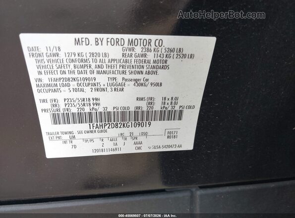 1FAHP2D82KG109019 2019 FORD TAURUS Black Engine compartment view