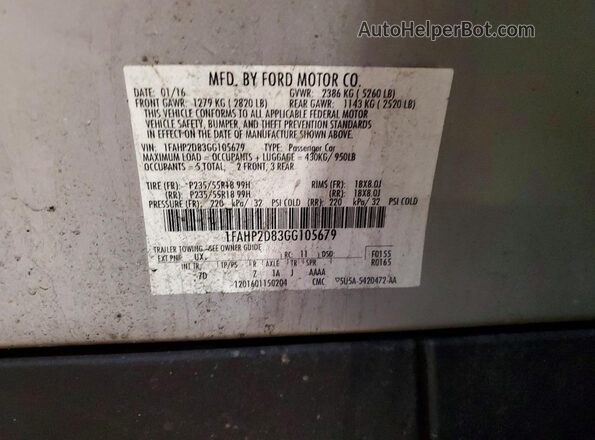 1FAHP2D83GG105679 2016 FORD TAURUS Silver Vista del compartimento del motor