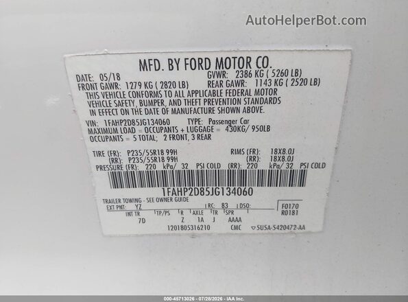 1FAHP2D85JG134060 2018 FORD TAURUS White Widok komory silnika