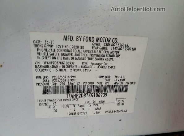 1FAHP2D87KG106939 2019 FORD TAURUS White Vista del compartimento del motor