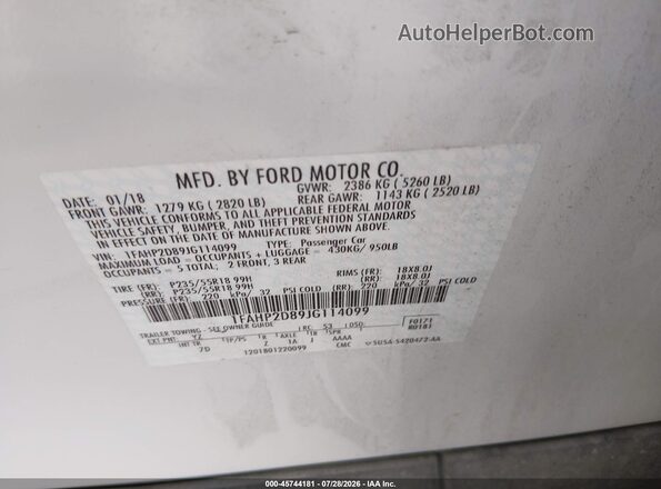 1FAHP2D89JG114099 2018 FORD TAURUS White Вид підкапотного простору