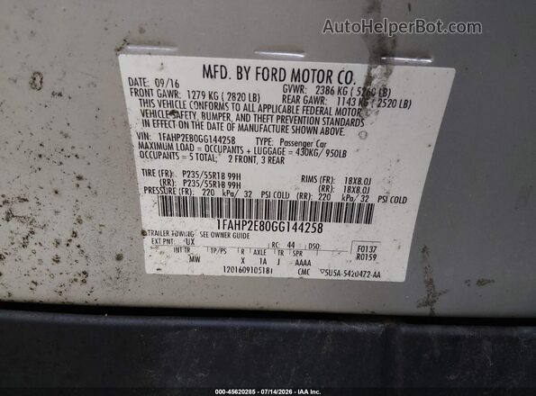 1FAHP2E80GG144258 2016 FORD TAURUS Silver Vista del compartimento del motor
