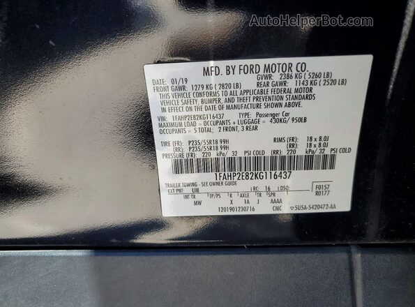 1FAHP2E82KG116437 2019 FORD TAURUS Black Вид наклейки з VIN-кодом