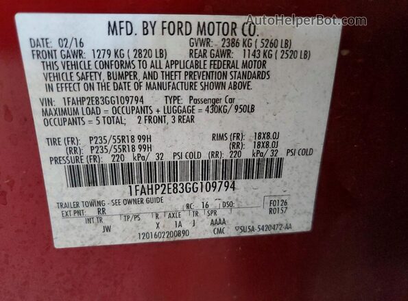 1FAHP2E83GG109794 2016 FORD TAURUS Бордовый Вид подкапотного пространства