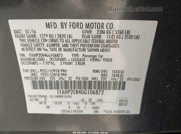 1FAHP2E84GG106872 2016 FORD TAURUS Gray Vista del compartimento del motor