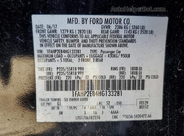 1FAHP2E84HG133281 2017 FORD TAURUS Black Vista de la etiqueta del VIN