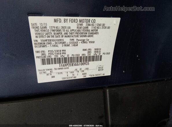 1FAHP2E85GG100935 2016 FORD TAURUS Blue Вид підкапотного простору