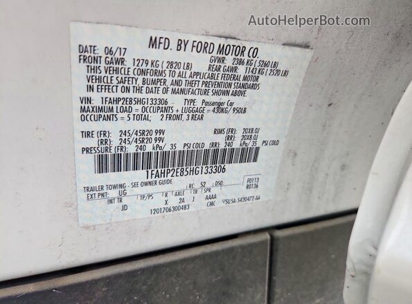 1FAHP2E85HG133306 2017 FORD TAURUS White Vista de la etiqueta del VIN