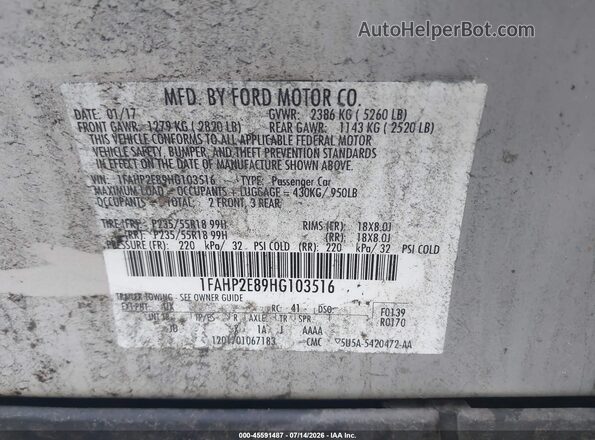 1FAHP2E89HG103516 2017 FORD TAURUS Серебряный Вид подкапотного пространства