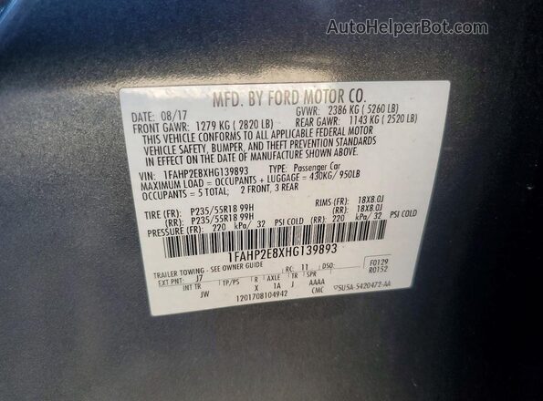 1FAHP2E8XHG139893 2017 FORD TAURUS Gray Շարժիչի բաժամունքի տեսք