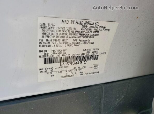 1FAHP2F80GG158157 2016 FORD TAURUS White Вид підкапотного простору