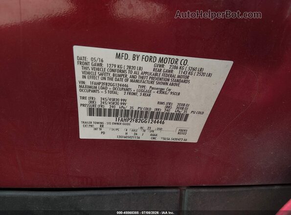 1FAHP2F82GG124446 2016 FORD TAURUS Red ძრავის განყოფილების ხედი