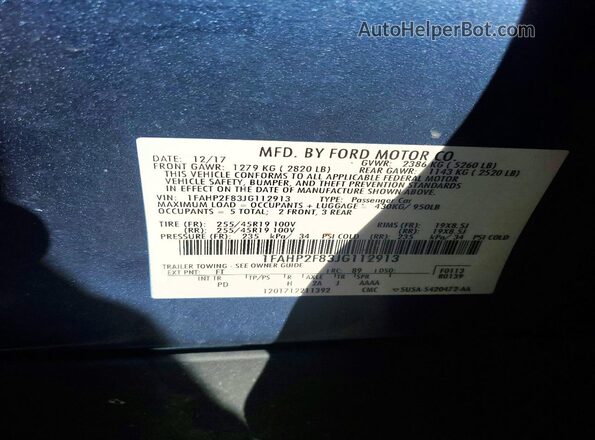 1FAHP2F83JG112913 2018 FORD TAURUS Синий Вид подкапотного пространства