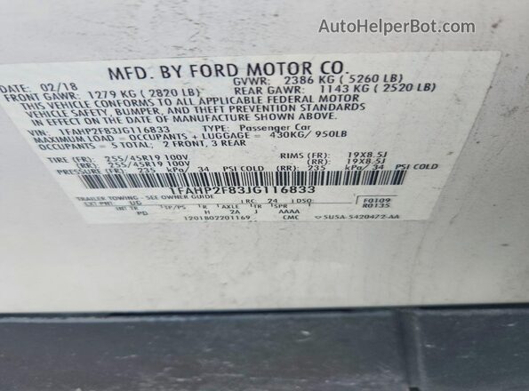 1FAHP2F83JG116833 2018 FORD TAURUS White Engine compartment view