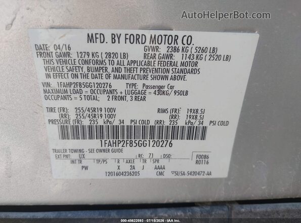 1FAHP2F85GG120276 2016 FORD TAURUS Silver Widok komory silnika
