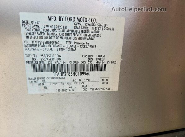 1FAHP2F85HG109960 2017 FORD TAURUS Silver Widok naklejki z numerem VIN