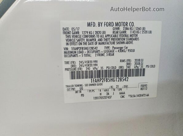 1FAHP2F85HG128542 2017 FORD TAURUS Белый Вид подкапотного пространства