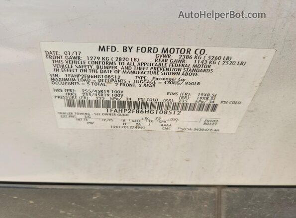1FAHP2F86HG108512 2017 FORD TAURUS White Շարժիչի բաժամունքի տեսք
