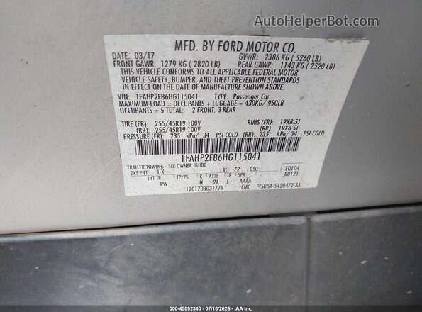 1FAHP2F86HG115041 2017 FORD TAURUS Silver Շարժիչի բաժամունքի տեսք