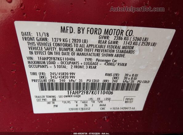 1FAHP2F87KG110406 2019 FORD TAURUS Red ძრავის განყოფილების ხედი