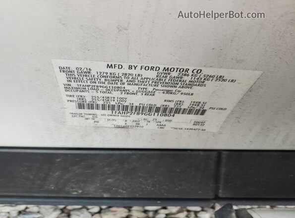 1FAHP2F89GG110804 2016 FORD TAURUS White Շարժիչի բաժամունքի տեսք