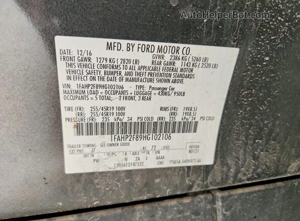 1FAHP2F89HG102106 2017 FORD TAURUS Gray Շարժիչի բաժամունքի տեսք