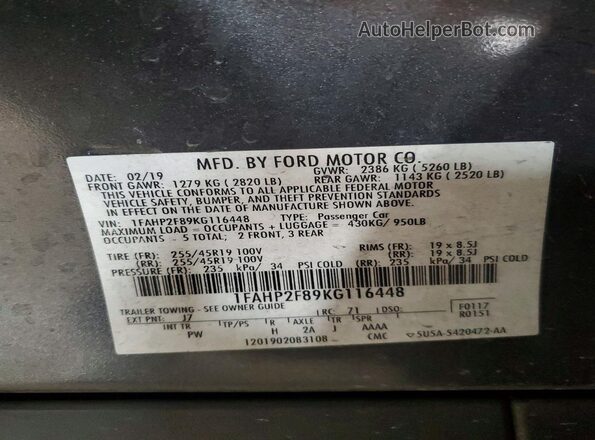 1FAHP2F89KG116448 2019 FORD TAURUS Charcoal Вид наклейки з VIN-кодом