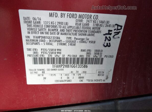 1FAHP2H81GG133586 2016 FORD TAURUS Темно-бордовый Вид подкапотного пространства